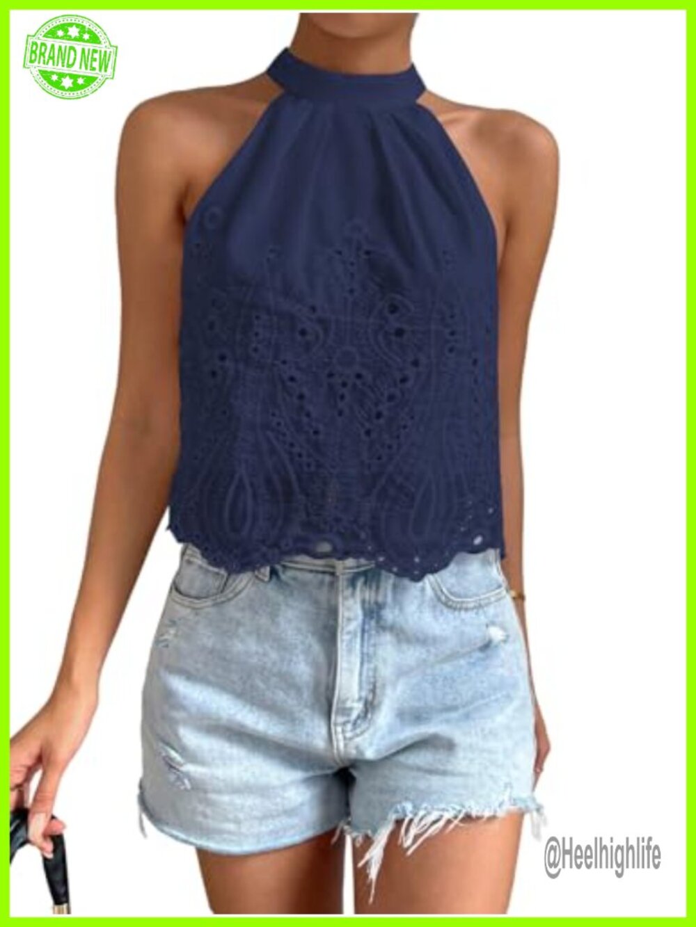 SHENHE High Neck Halter Tank Top Eyelet Embroidery Sleeveless Blouse